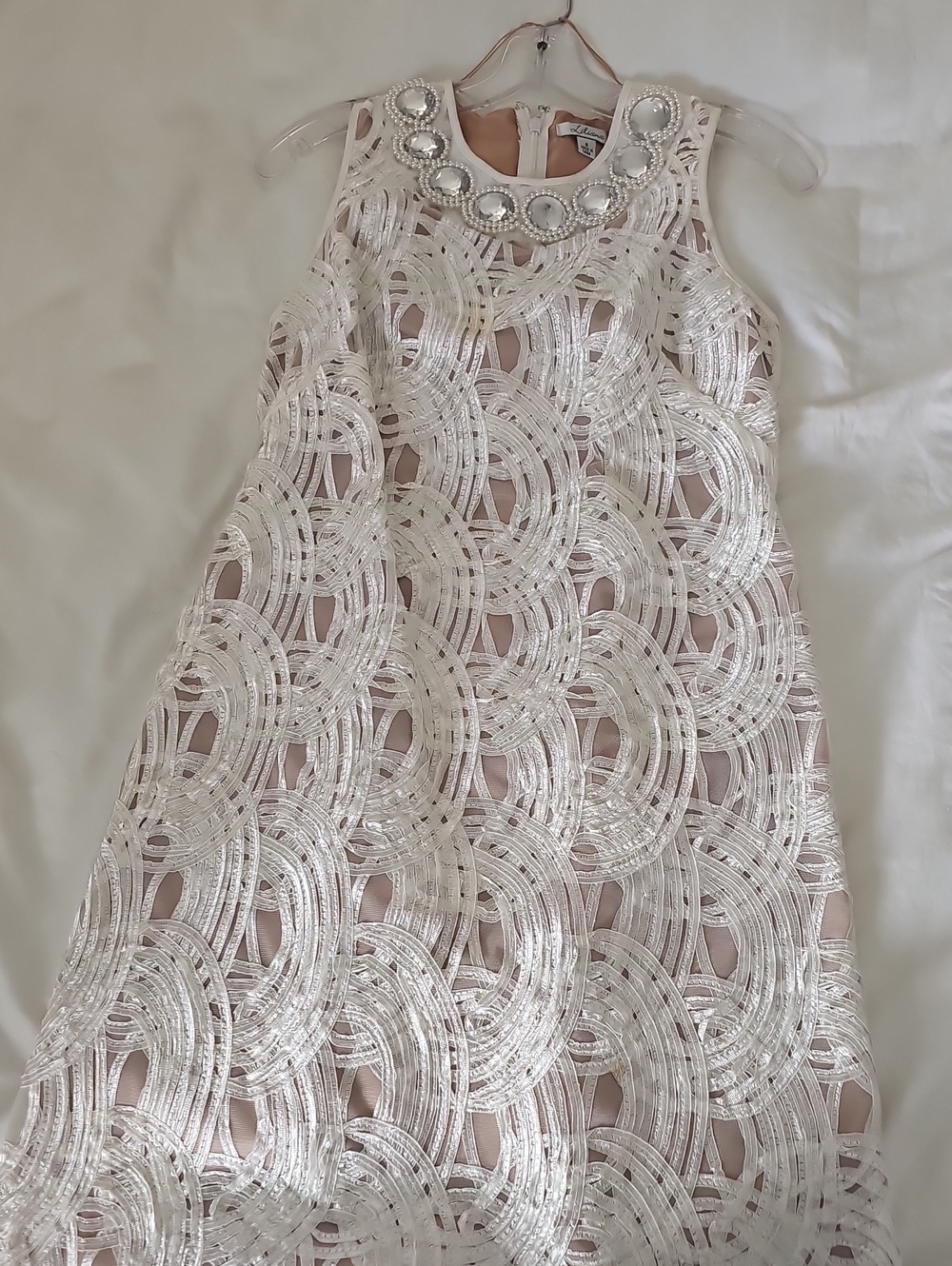 Liliana Beaded Neckline Lace-Appliqué Dress in Blush